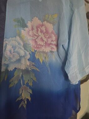 Womens Vintage SilkBlue Floral Ombre Kimono with Pink Peony Print
